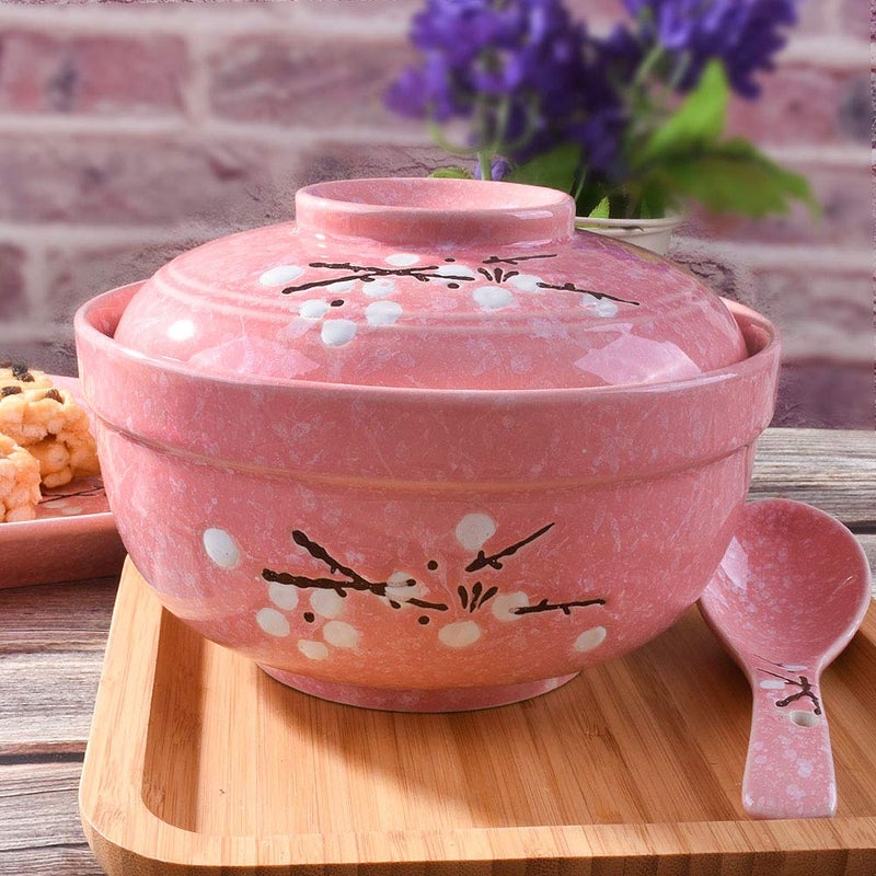Whitenesser Ceramic Ramen Bowls with lids Japanese Big Porcelain Instant Noodle Bowl with Lid for Soup Rice and Porridge Pink - Image 3